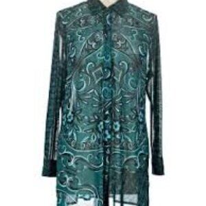 Chico’s Travelers Teal Paisley Sheer Long Sleeve Tunic Top Chico's SZ 2 or 12/14
